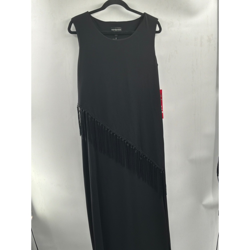 Connected Apparel Black Sleeveless Fringe Asymmetrical Maxi Dress Womens 10